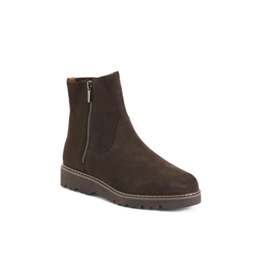 Donald Pliner Carisa Ankle Boots Chocolate Brown Suede Mixed Media Lug Sole 9.5M